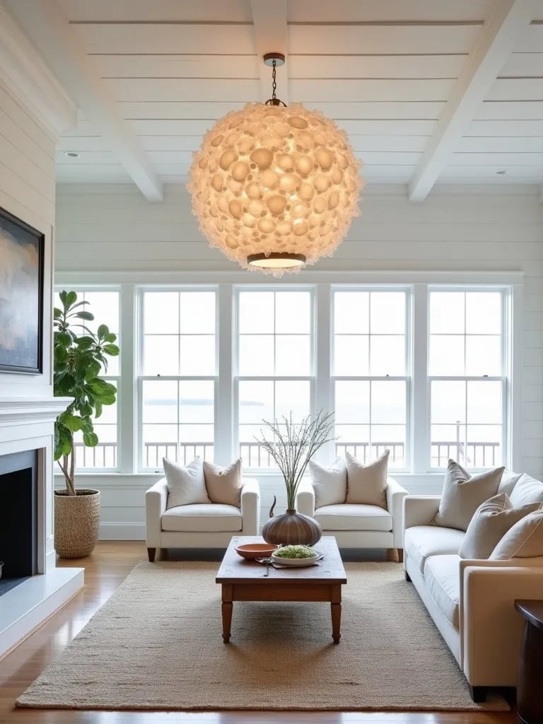 Bright beach themed living space featuring pearlescent shell light fixture
