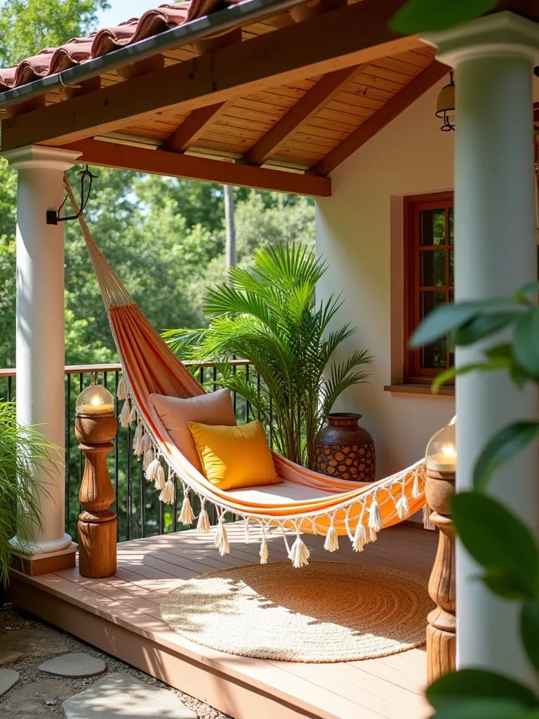Bright porch with colorful hammock and beach themed decorations