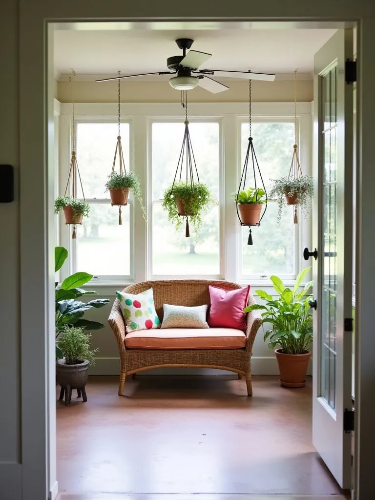 Bright screened porch with macramé hangers, wicker loveseat, and painted floor