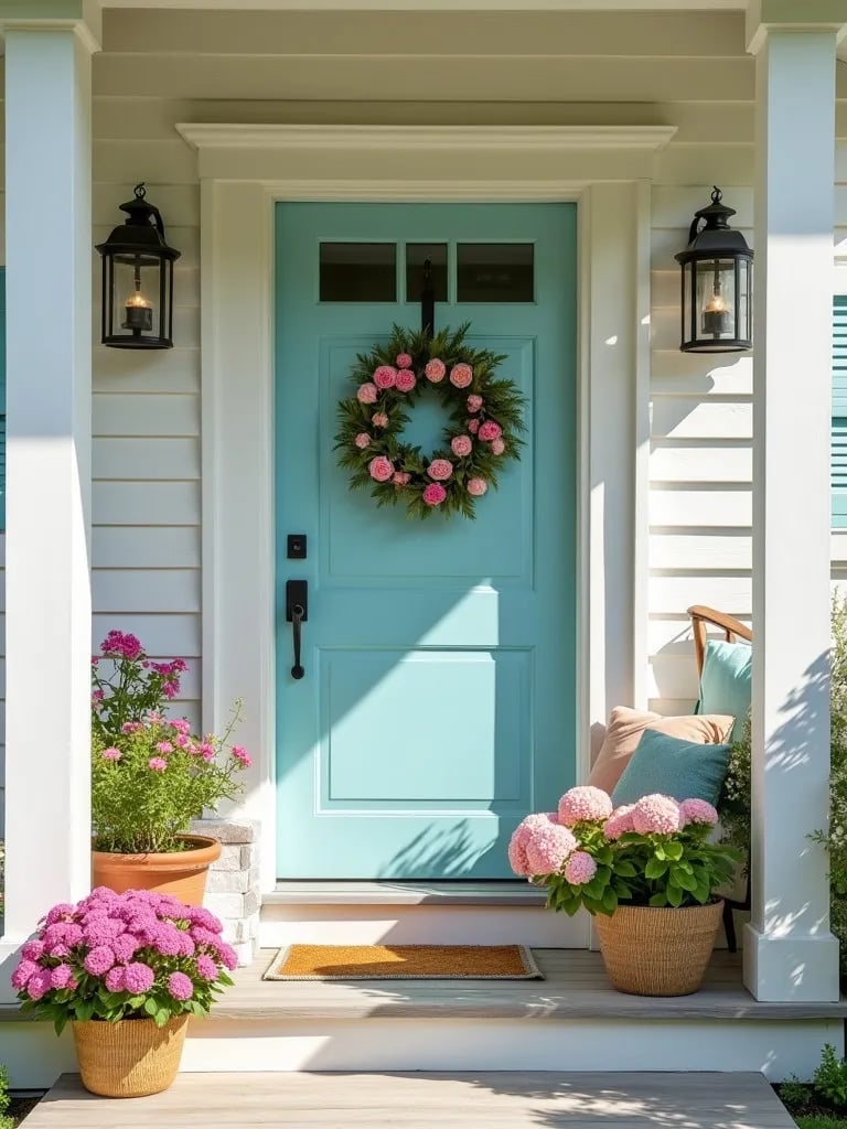 Bright spring porch with pastel cushions and blooming flowers