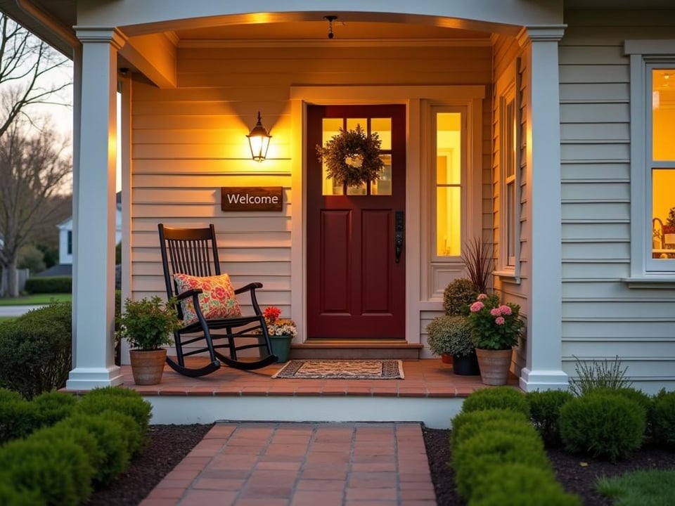 Budget friendly porch with vintage chair, colorful accents, and handmade sign