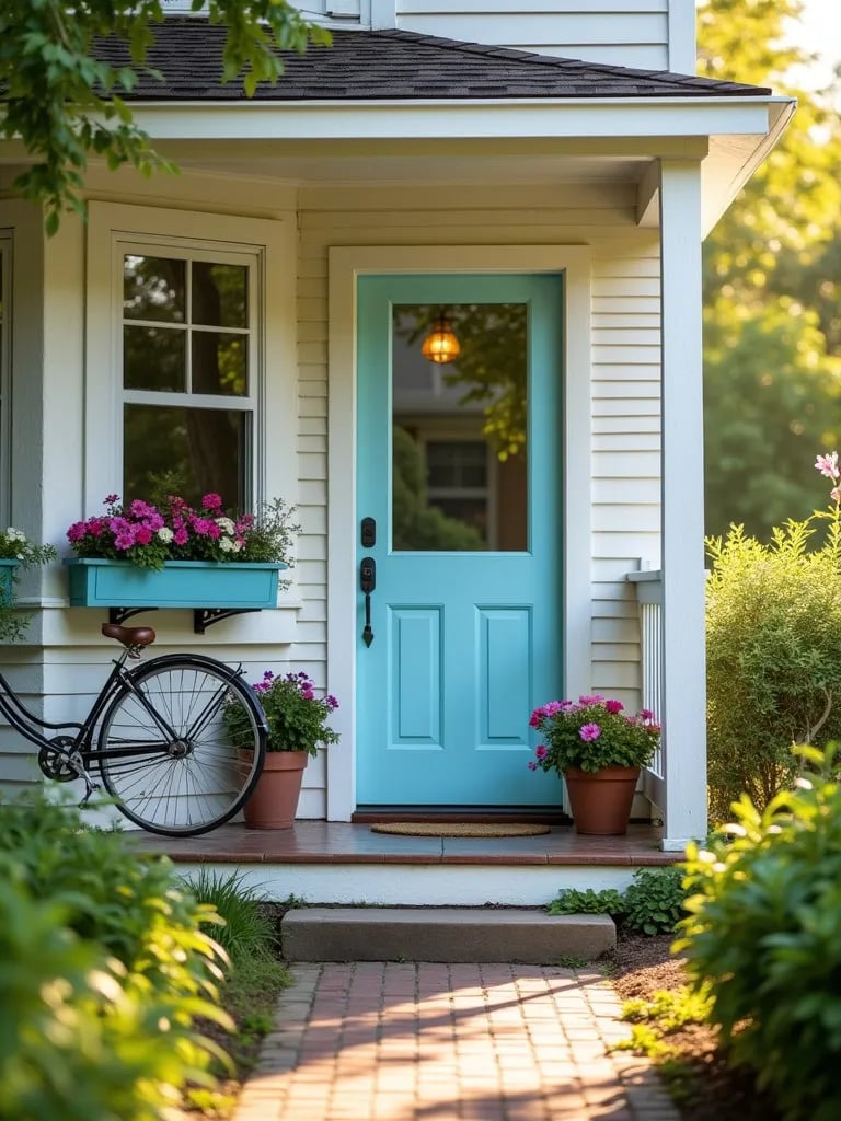 Charming cottage porch with pastel blue door, DIY window boxes, and bicycle planter