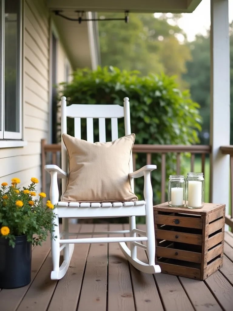 Charming covered porch featuring upcycled and thrifted rustic decor elements