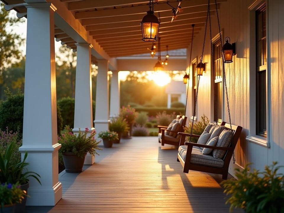 Charming farmhouse porch with swing, plants, and string lights at sunset
