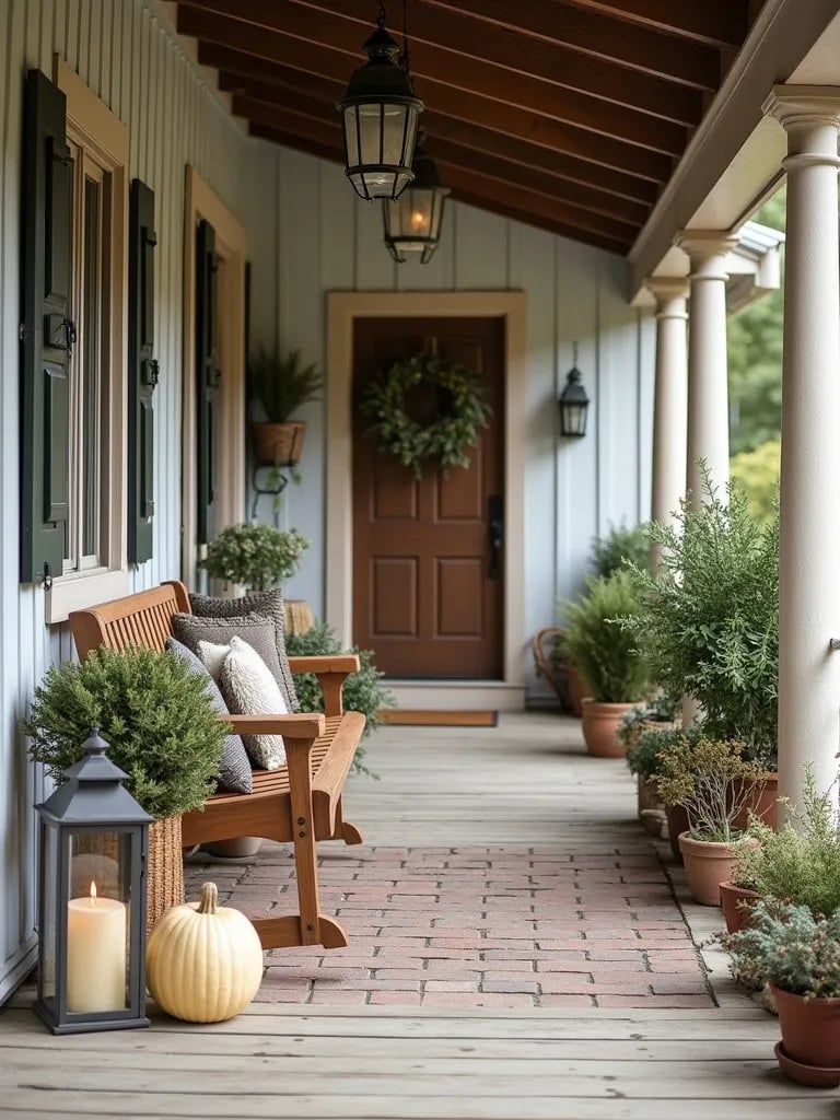 Charming farmhouse style porch with rustic accents and seasonal touches