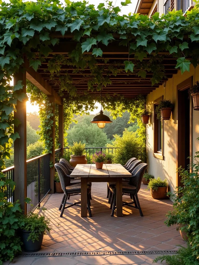 Charming porch featuring pergola with vines and plants, and outdoor dining area