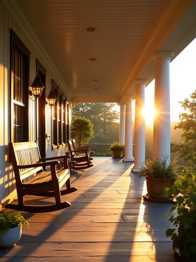 Charming porch setup with character rich wooden furniture and greenery