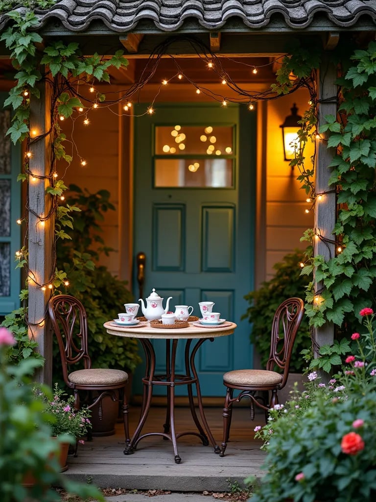 Charming porch with fairy lights, climbing vines, and tea set