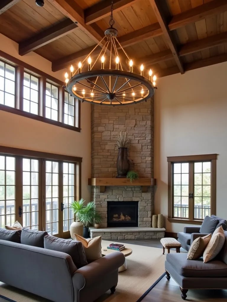 Chic living space featuring wagon wheel chandelier with Edison bulbs