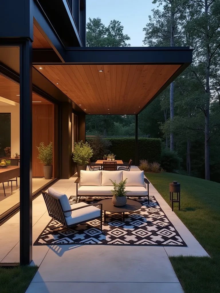 Chic minimalist porch setup with metal furniture and statement rug