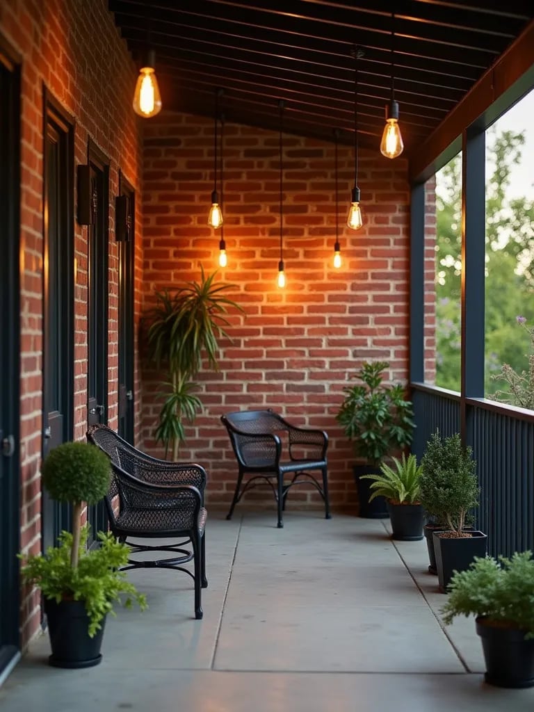 Chic porch featuring suspended Edison bulbs and concrete floors