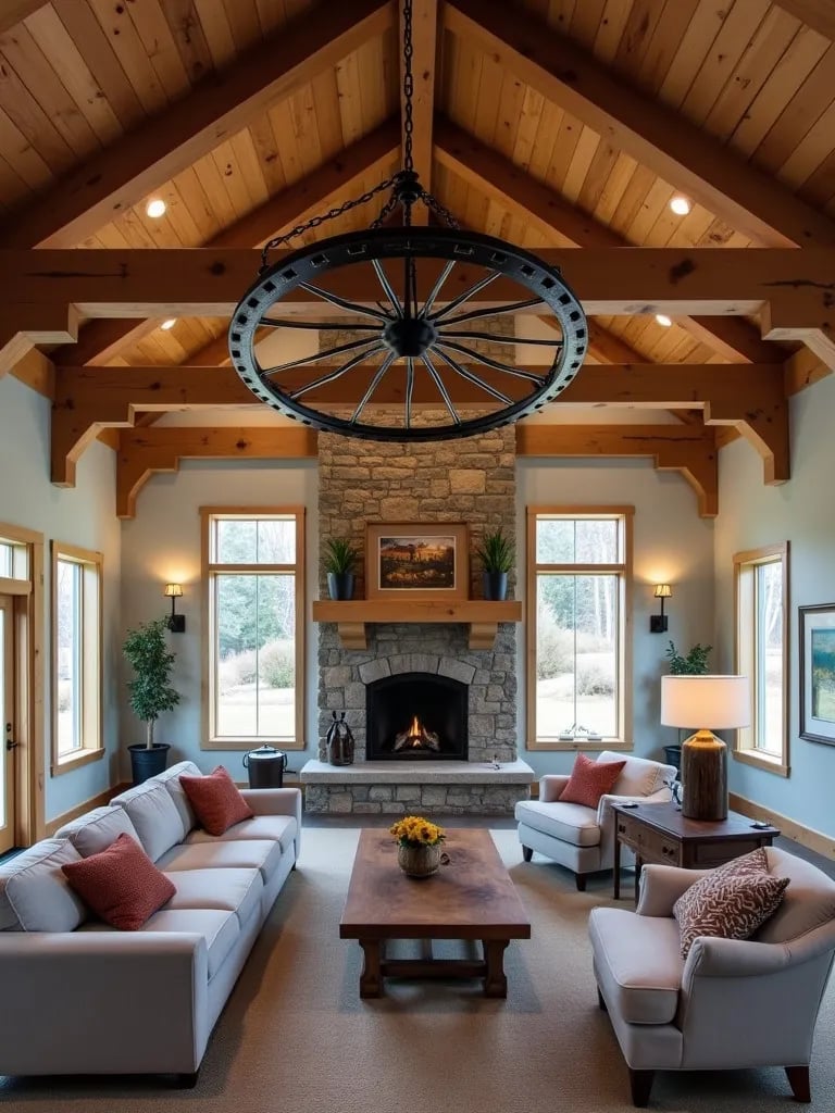 Circular living room layout with prominent wagon wheel light fixture