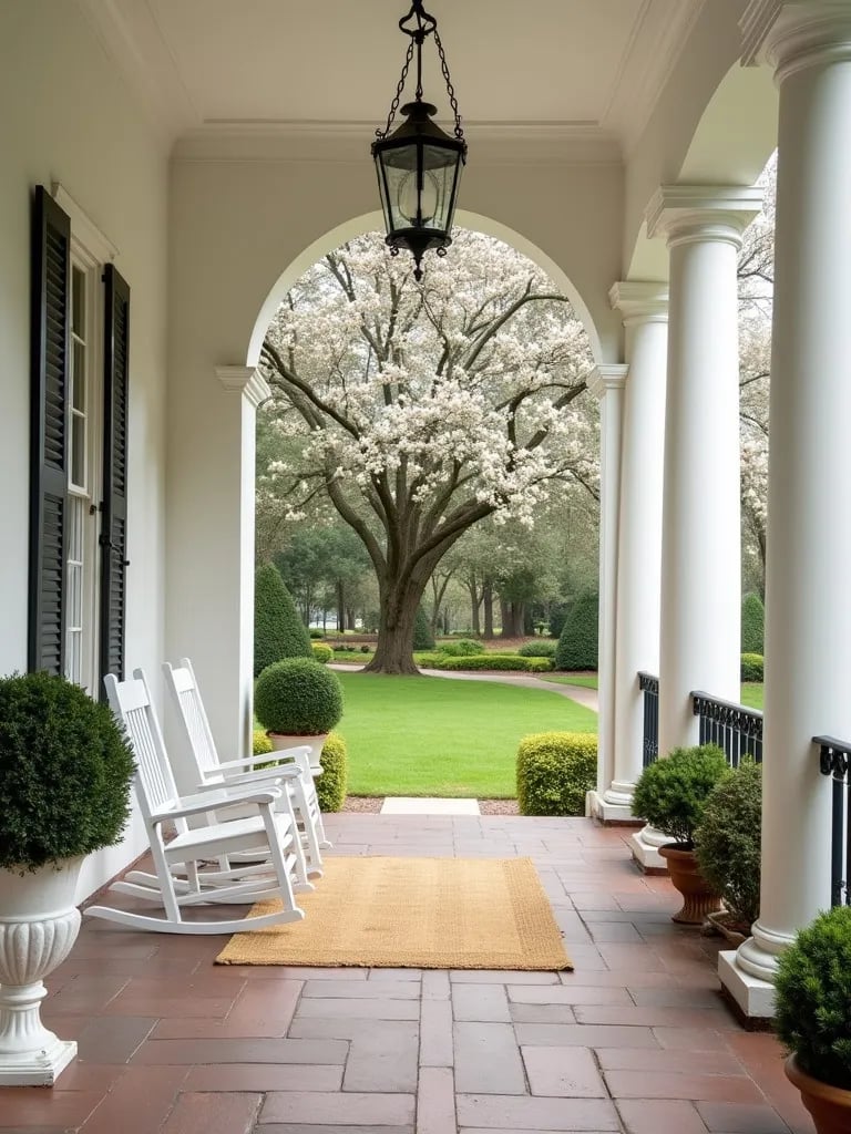 Classic porch entrance with sisal rug, rocking chairs, and ferns in urns