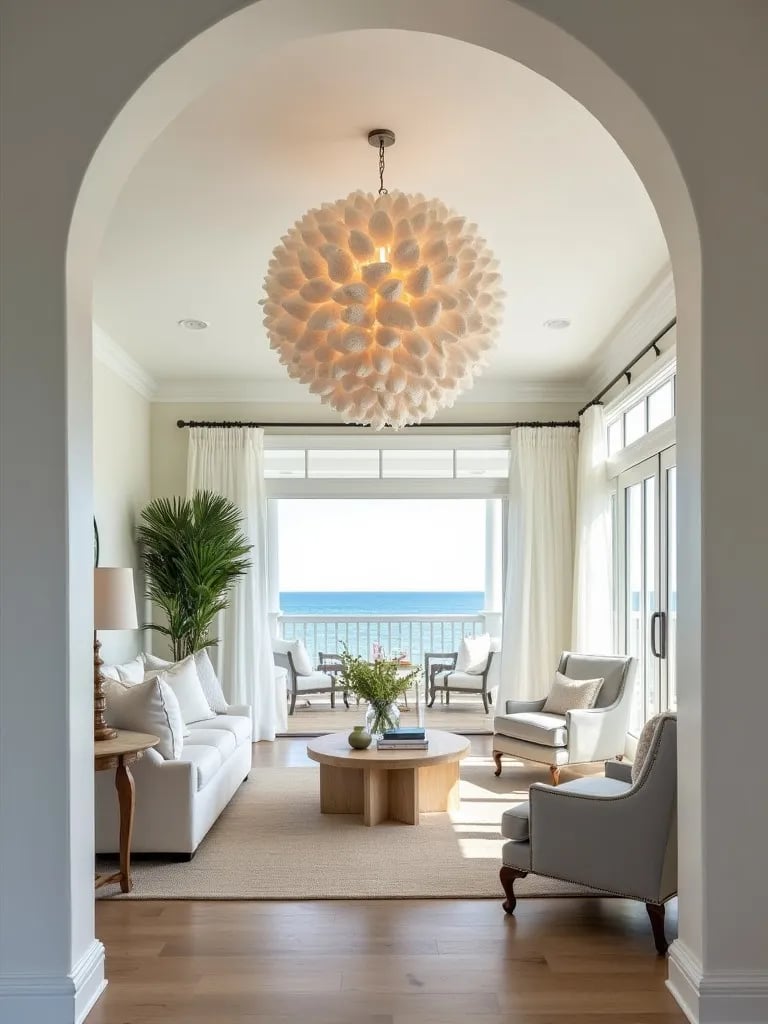 Coastal living room with large capiz shell chandelier over seating area