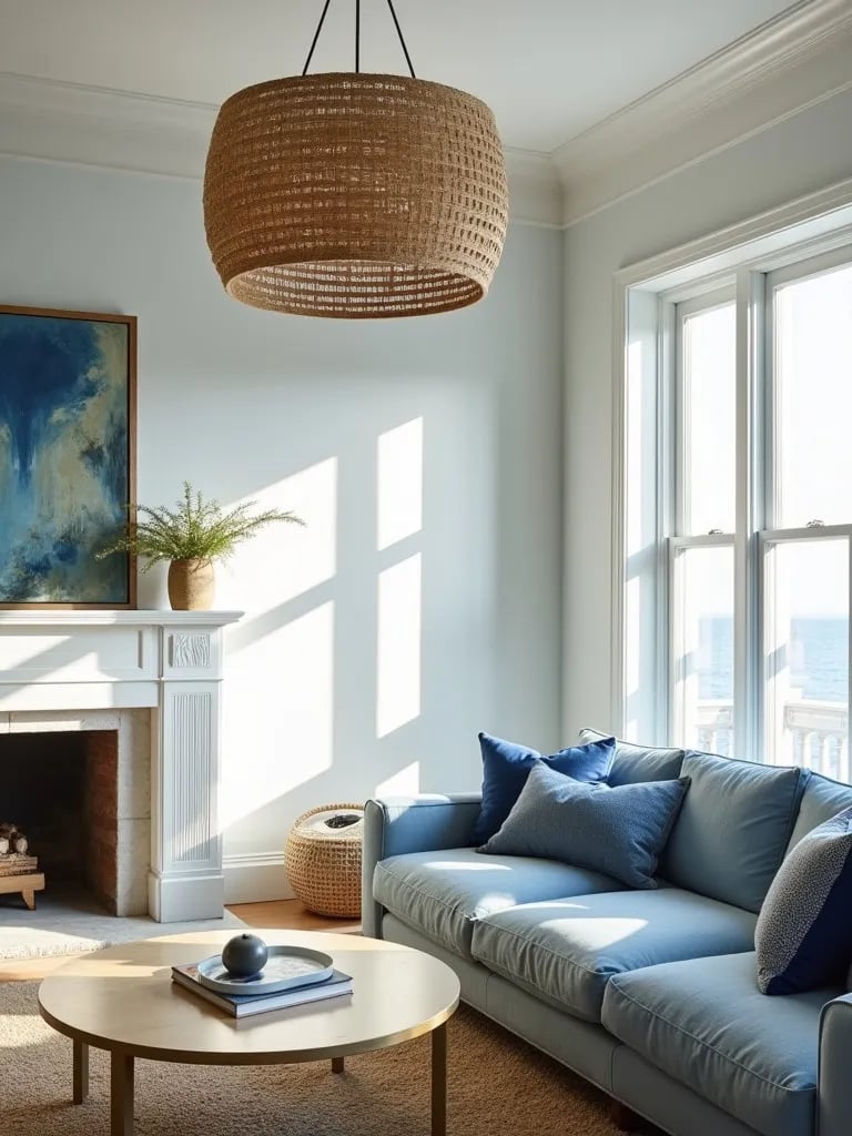 Coastal living room with large rattan drum pendant light above coffee table
