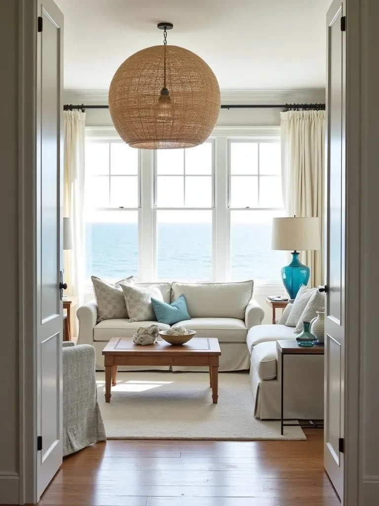 Coastal living room with large rattan pendant and blue glass table lamps