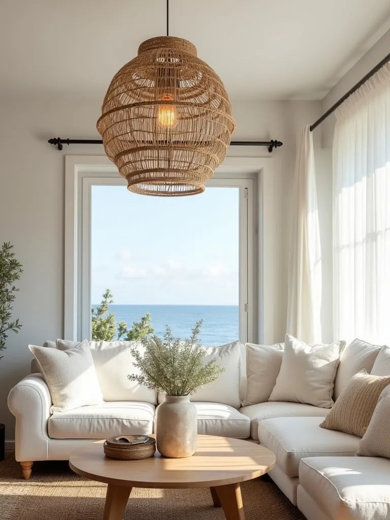 Coastal living room with large rattan pendant light being installed above coffee table