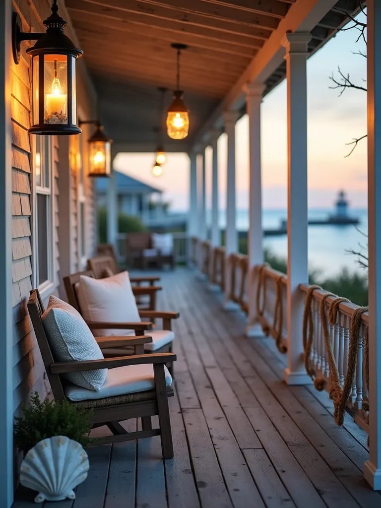 Coastal porch with nautical lanterns and seaside decor