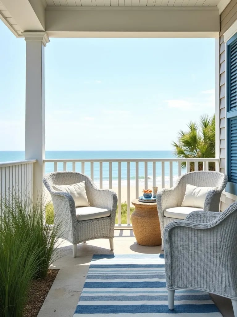 Coastal porch with striped rug and wicker furniture overlooking beach