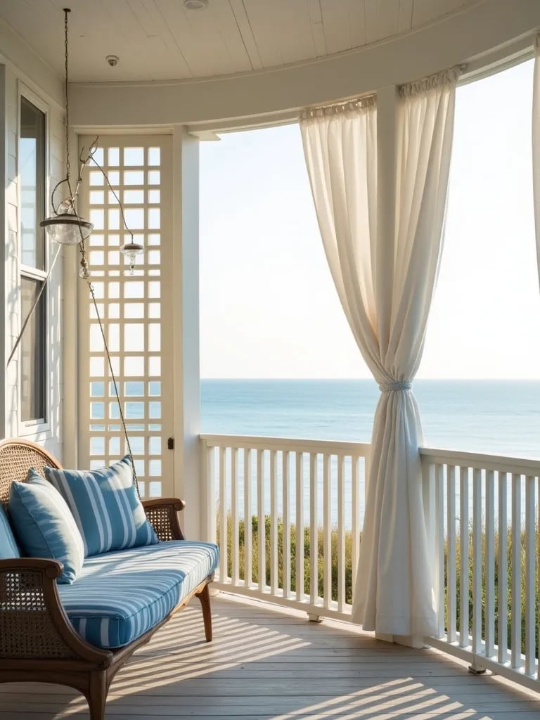 Coastal porch with white lattice panels, sheer curtains, and hanging daybed