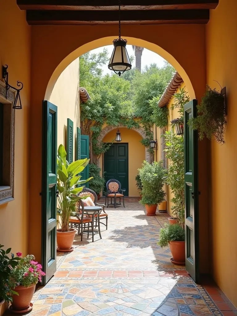 Colorful Mediterranean style porch setup with iron furniture and citrus trees