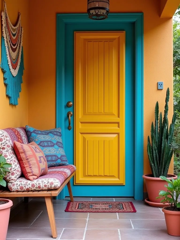 Colorful boho porch with macramé decor, patterned cushions, and eclectic plants