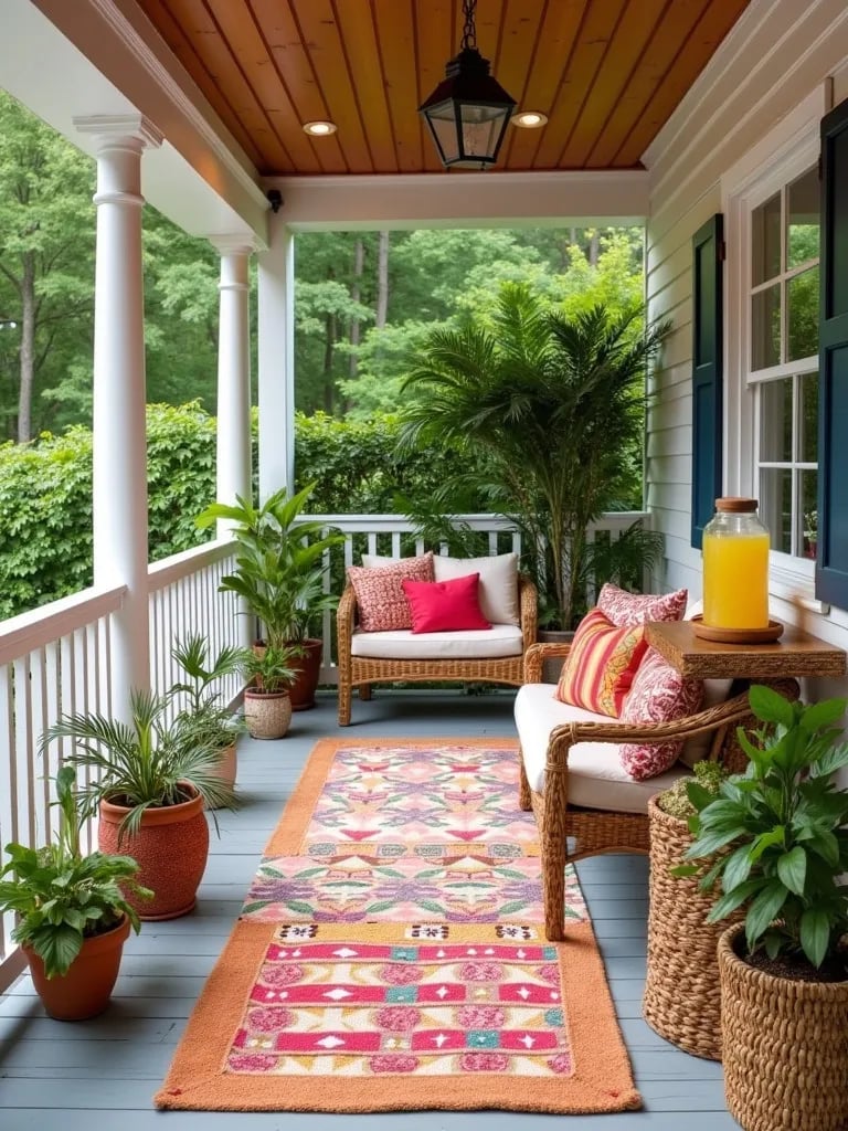 Colorful summer porch with tropical plants and lemonade station