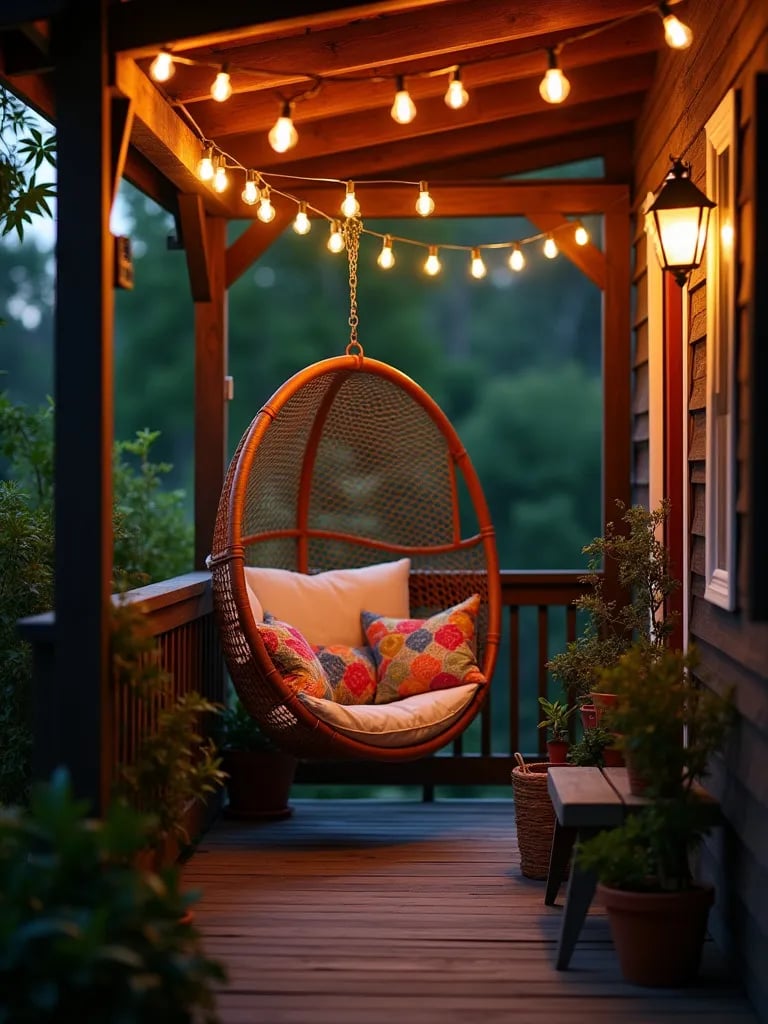 Compact porch with rattan hanging chair and string lights
