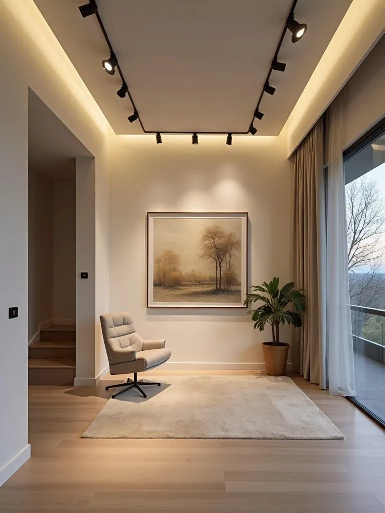 Contemporary living area with linear track lighting arrangement