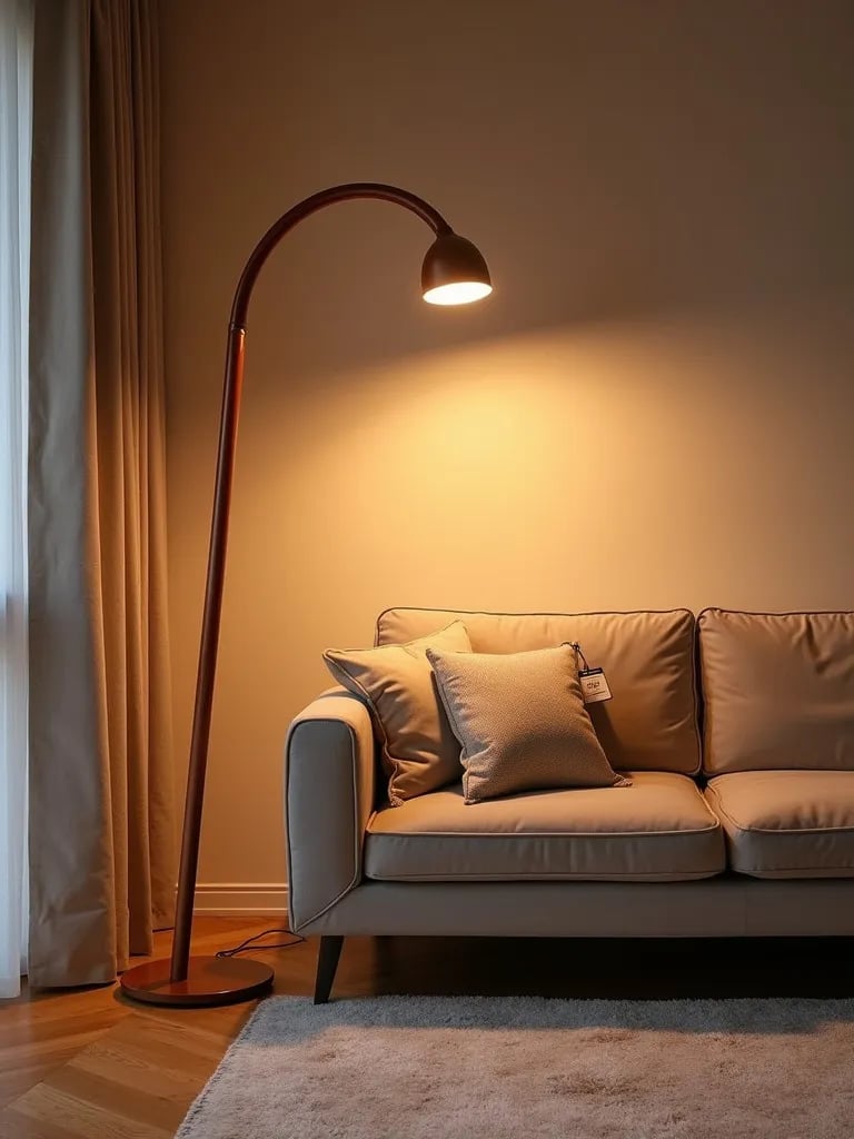 Contemporary living room with arching bent wood floor lamp over modern sofa