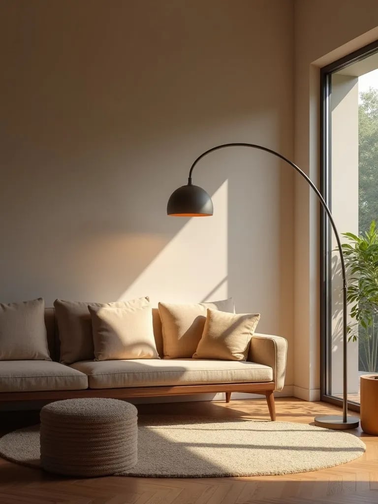 Contemporary living room with dramatic arc floor lamp over seating area