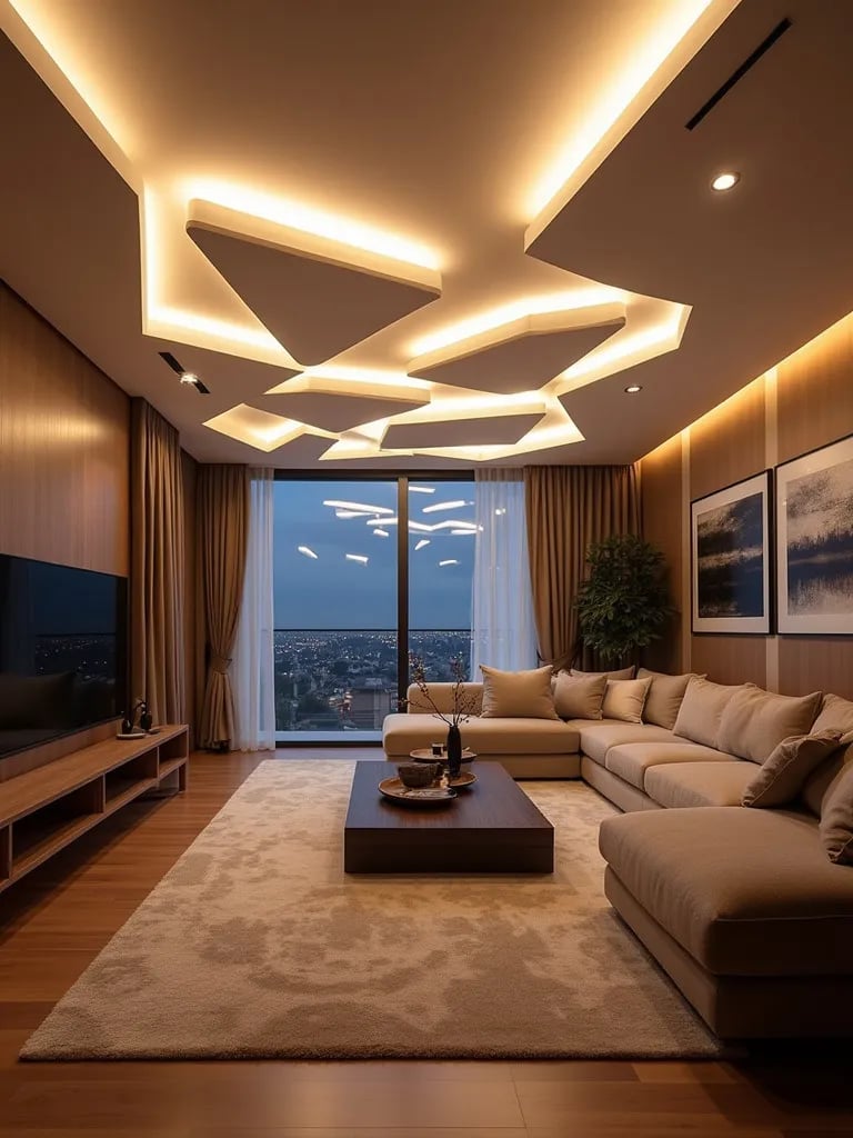 Contemporary living room with geometric LED ceiling panels