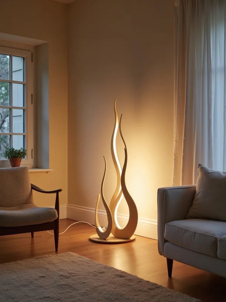 Contemporary living room with sculptural LED light fixture being assembled