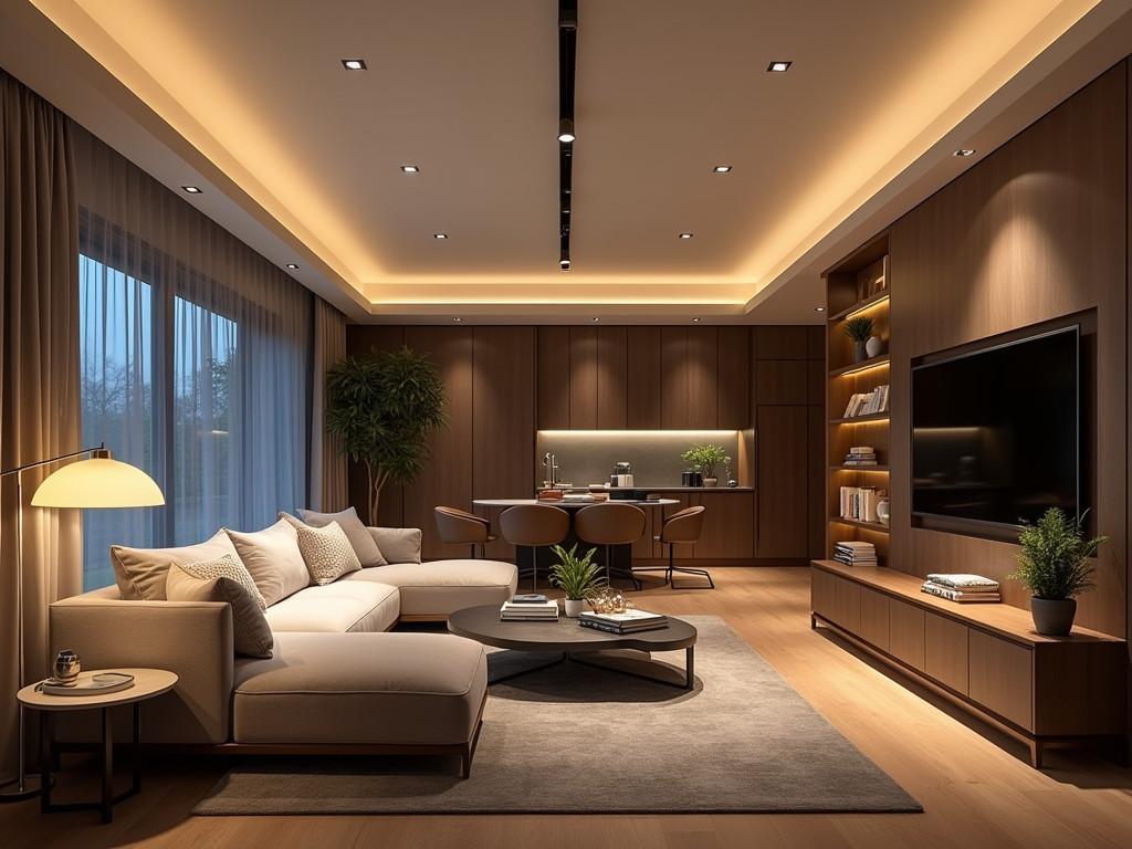 Contemporary living space featuring diverse lighting fixtures and styles