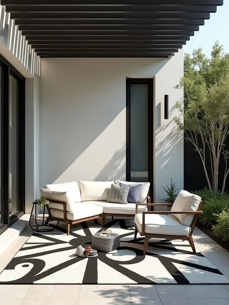 Contemporary porch featuring black and white geometric rug under pergola