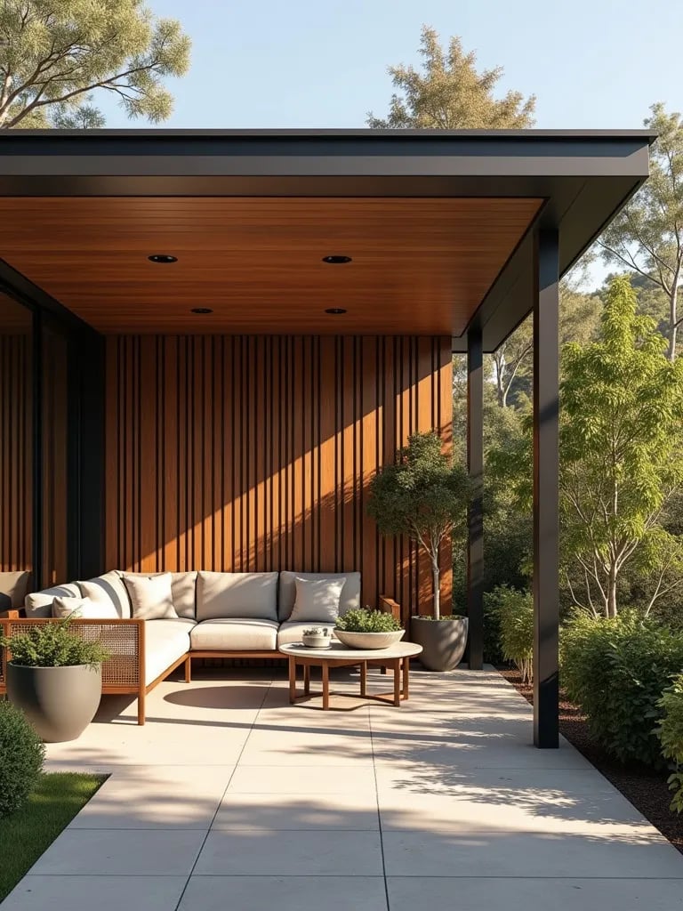 Contemporary porch featuring wooden privacy screens and modern outdoor furniture