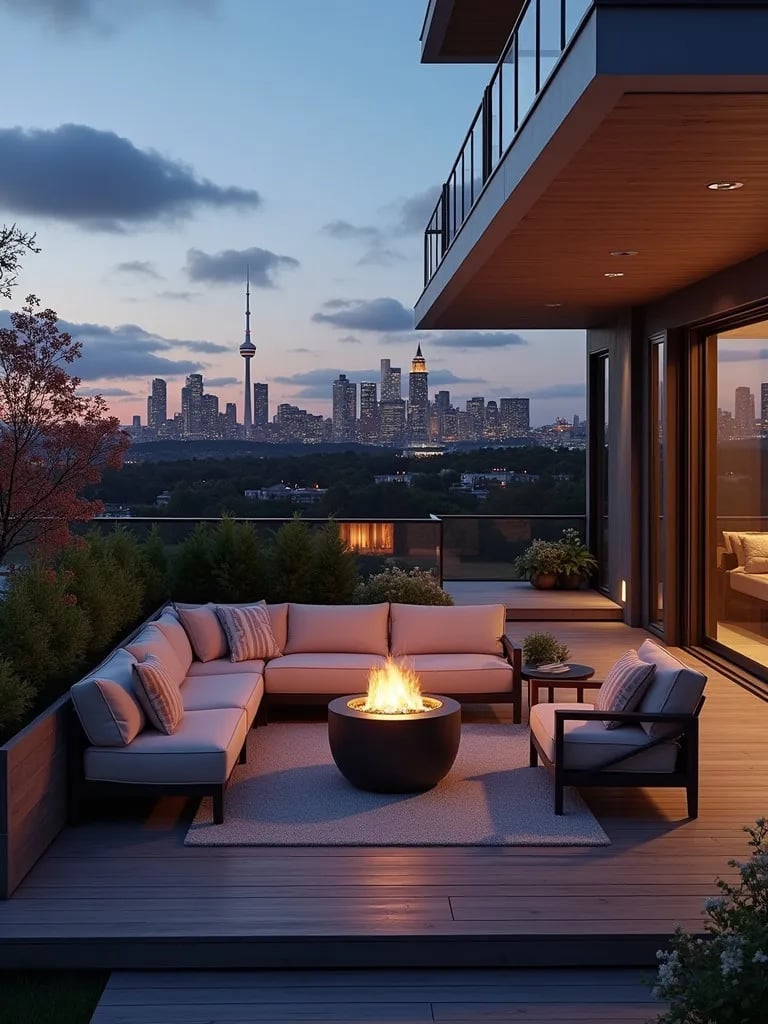 Contemporary porch setup with sleek furniture and LED lighting at dusk