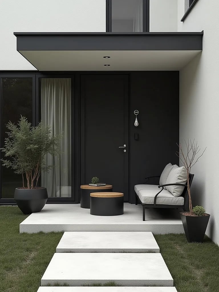 Contemporary porch with black and white decor and modern planters