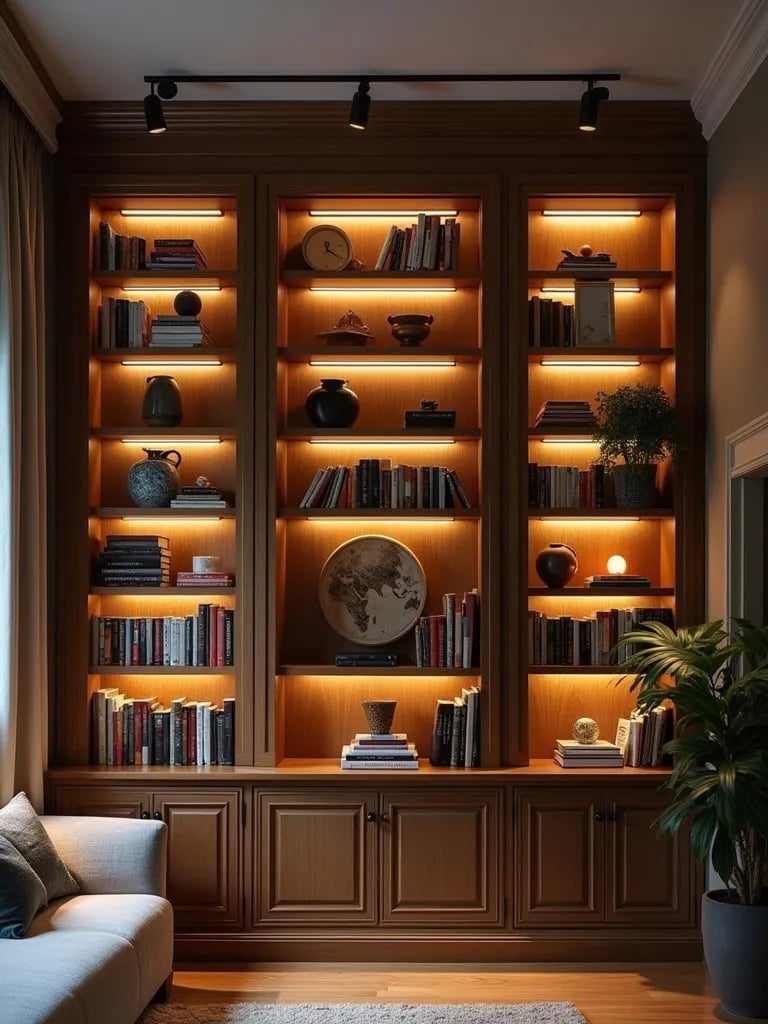 Corner view of living room bookshelf with three types of track lighting