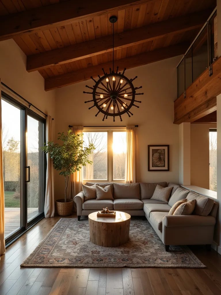 Corner view of rustic living room during chandelier installation at golden hour
