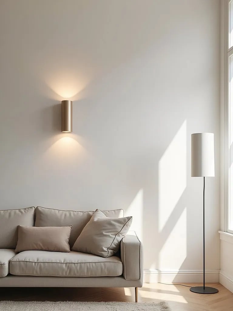 Corner view of simple room with layered lighting from sconces and lamp