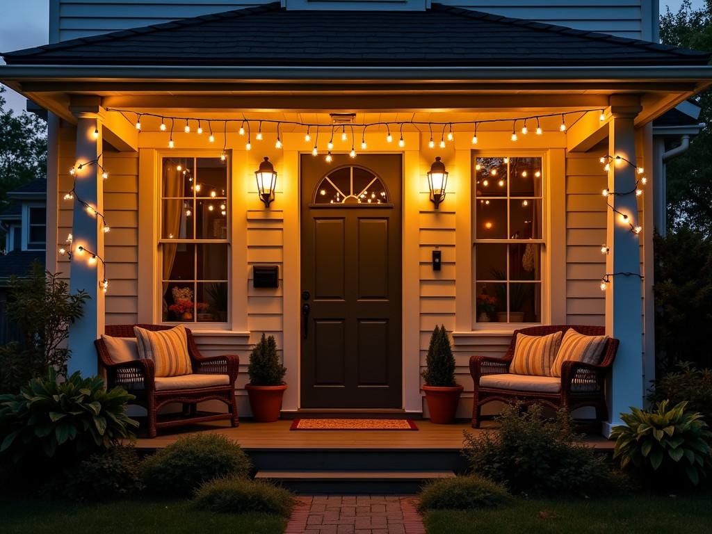 Cottage porch with string lights creating warm ambiance