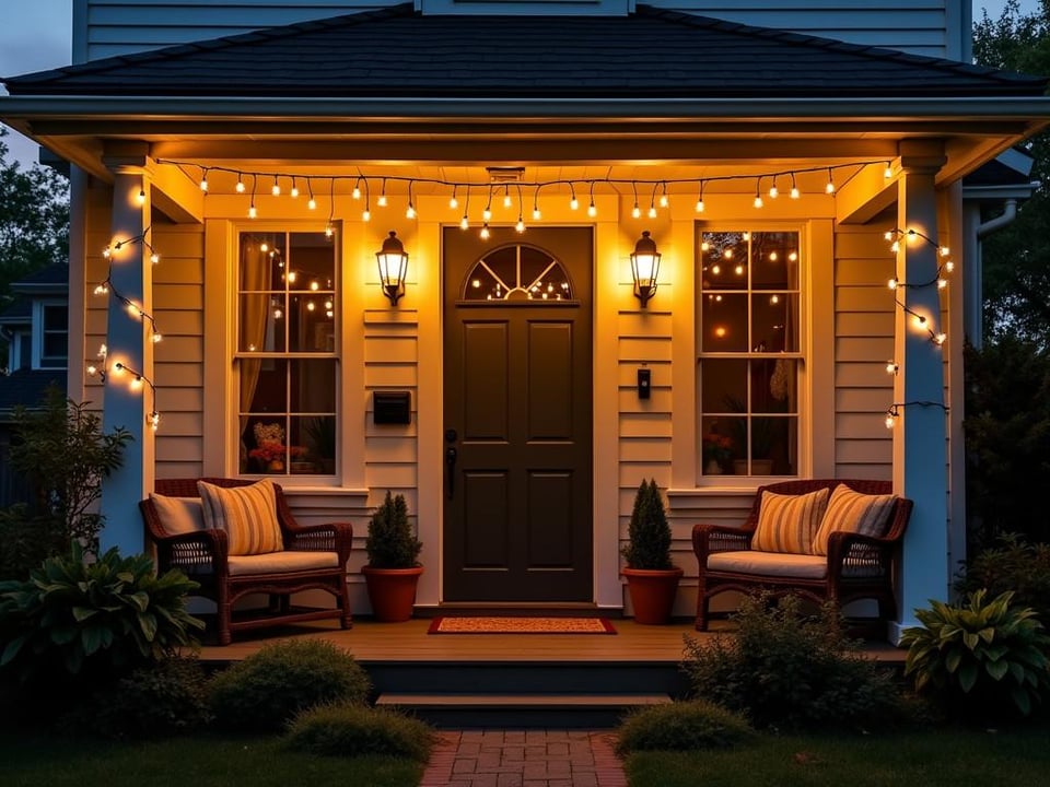 Cottage porch with string lights creating warm ambiance