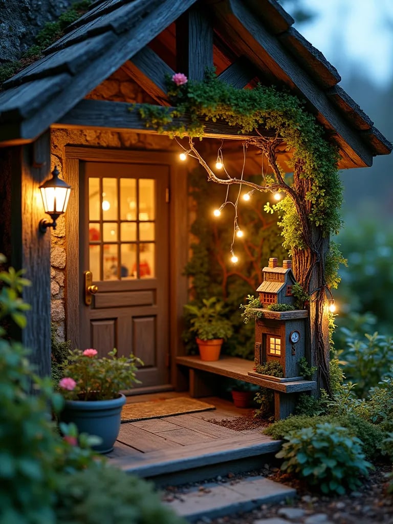 Cottage porch with vertical fairy garden featuring miniature houses and twinkling lights