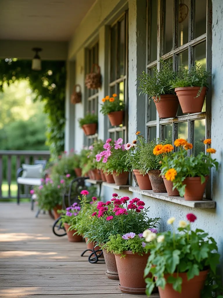 Cottage porch with vertical garden wall made of vintage windows filled with flowers