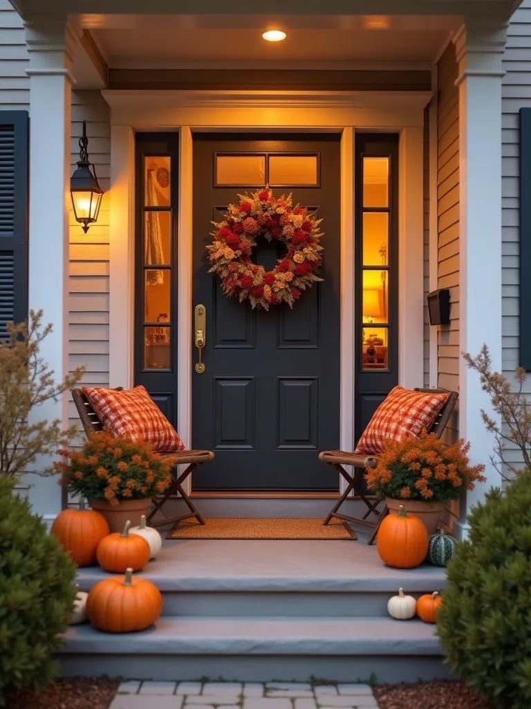 Cozy autumn themed front porch with pumpkins and warm textiles at sunset