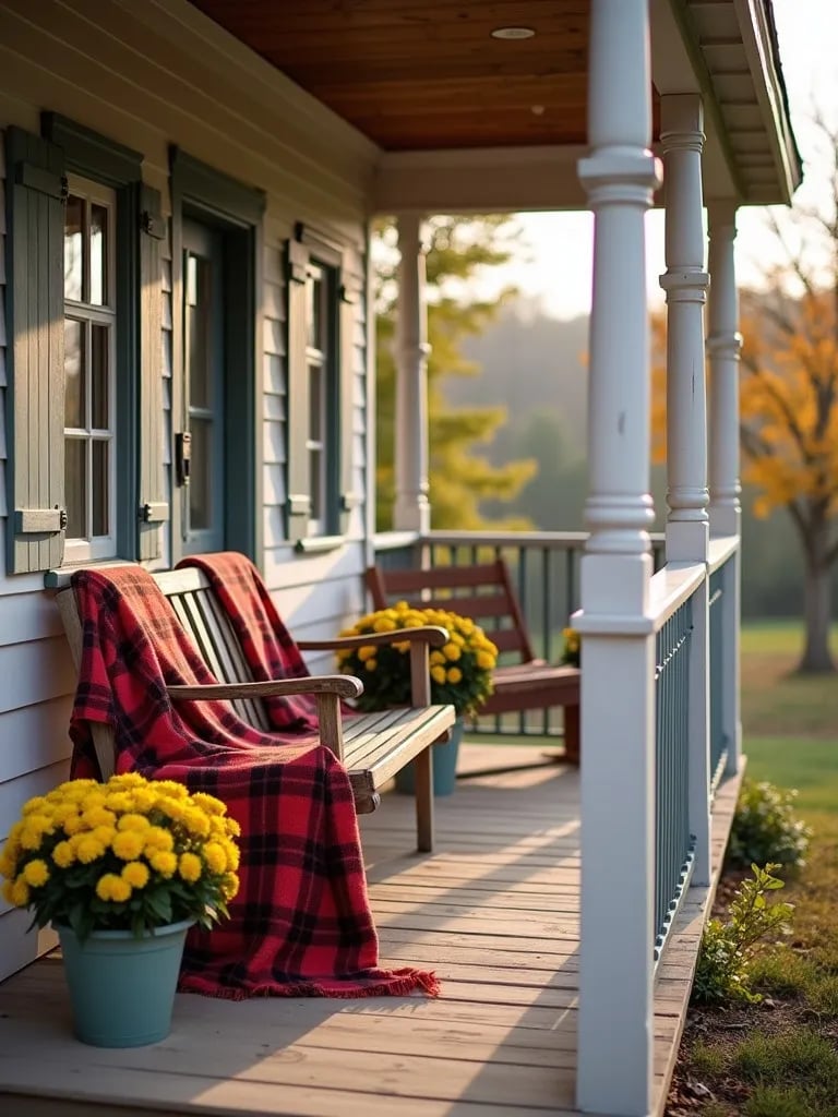 Cozy cottage porch with swing and fall themed decorations