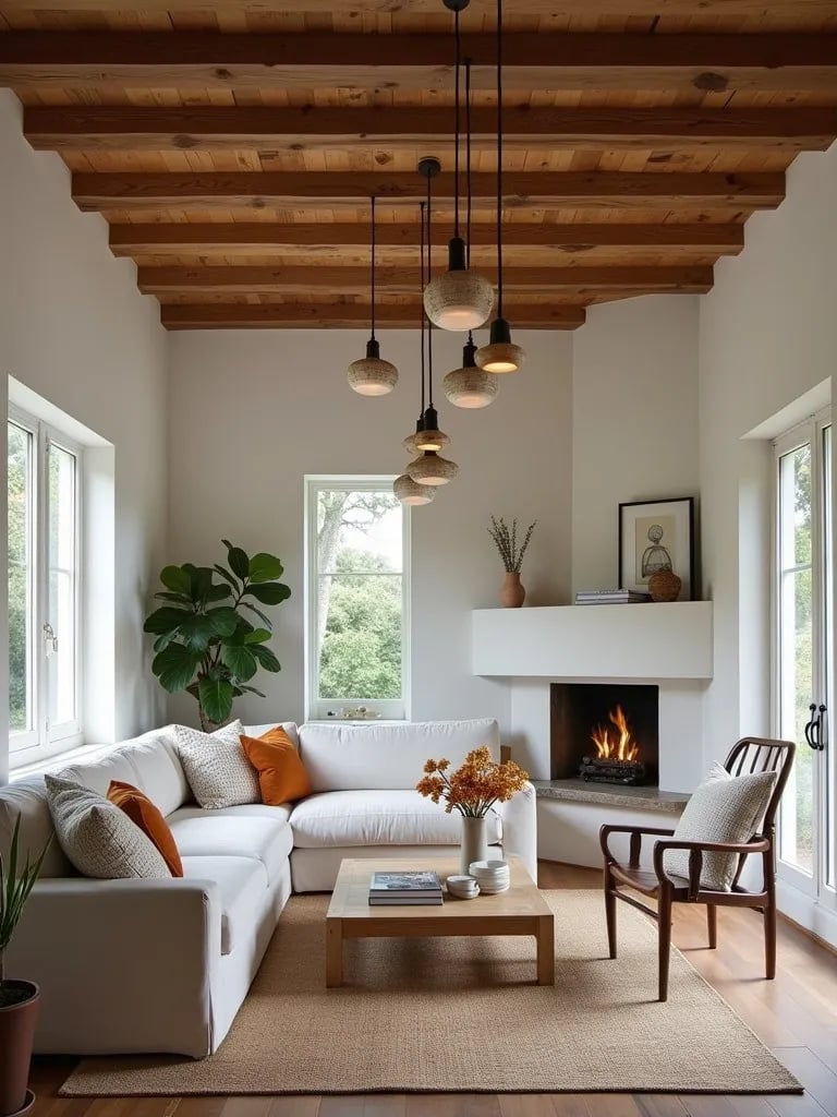 Cozy farmhouse living area featuring varied length pendant lights