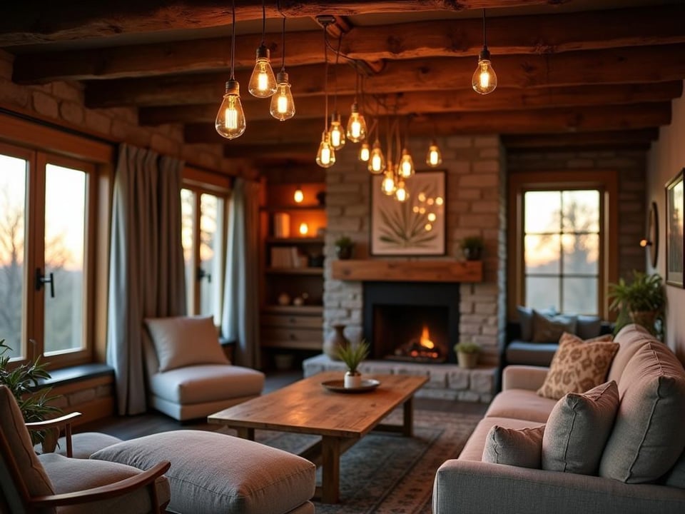 Cozy living area with varied height pendant lights and wooden accents