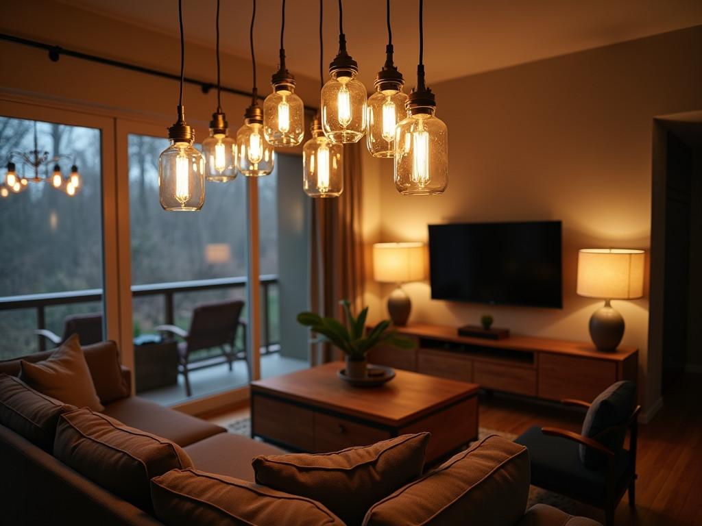 Cozy living room with DIY mason jar chandelier casting warm light